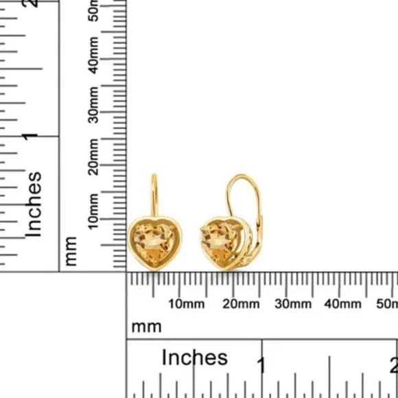18K Yellow Gold 925 2.00 Cttw 7MM Yellow Citrine Heart Leverback Drop Earrings
